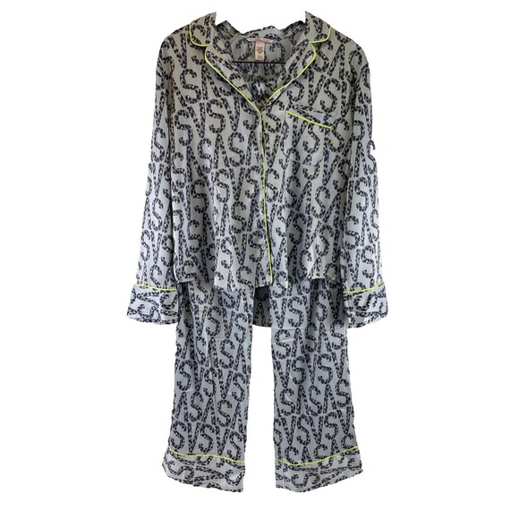 Victorias Secret Satin Blue Leopard Print Logo Pajama Set Collared Button Medium - Picture 1 of 15